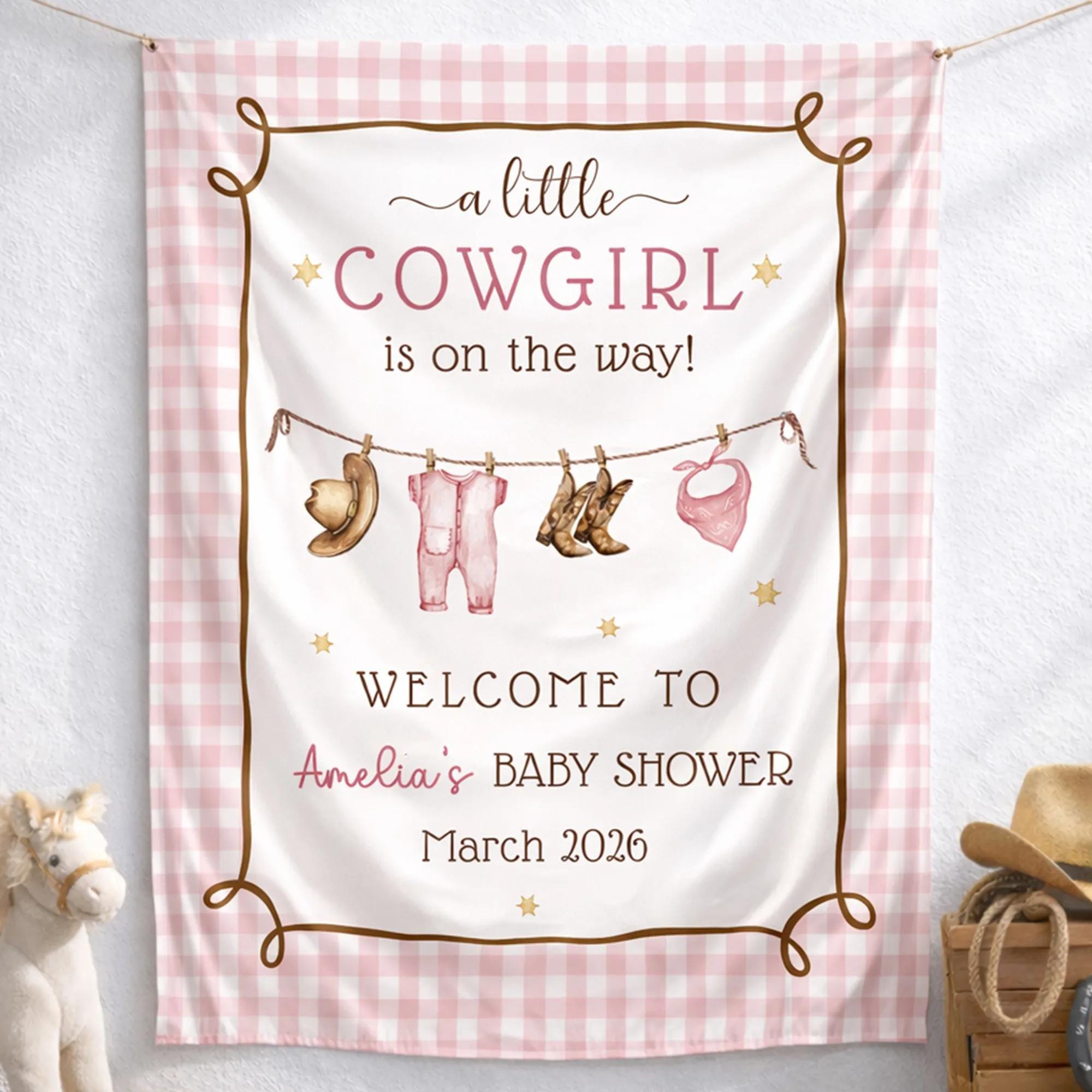 Personalized A Little Cowgirl Is On The Way Baby Shower Banner Pink Gingham Backdrop with Rope Frame Custom Name and Date Decor