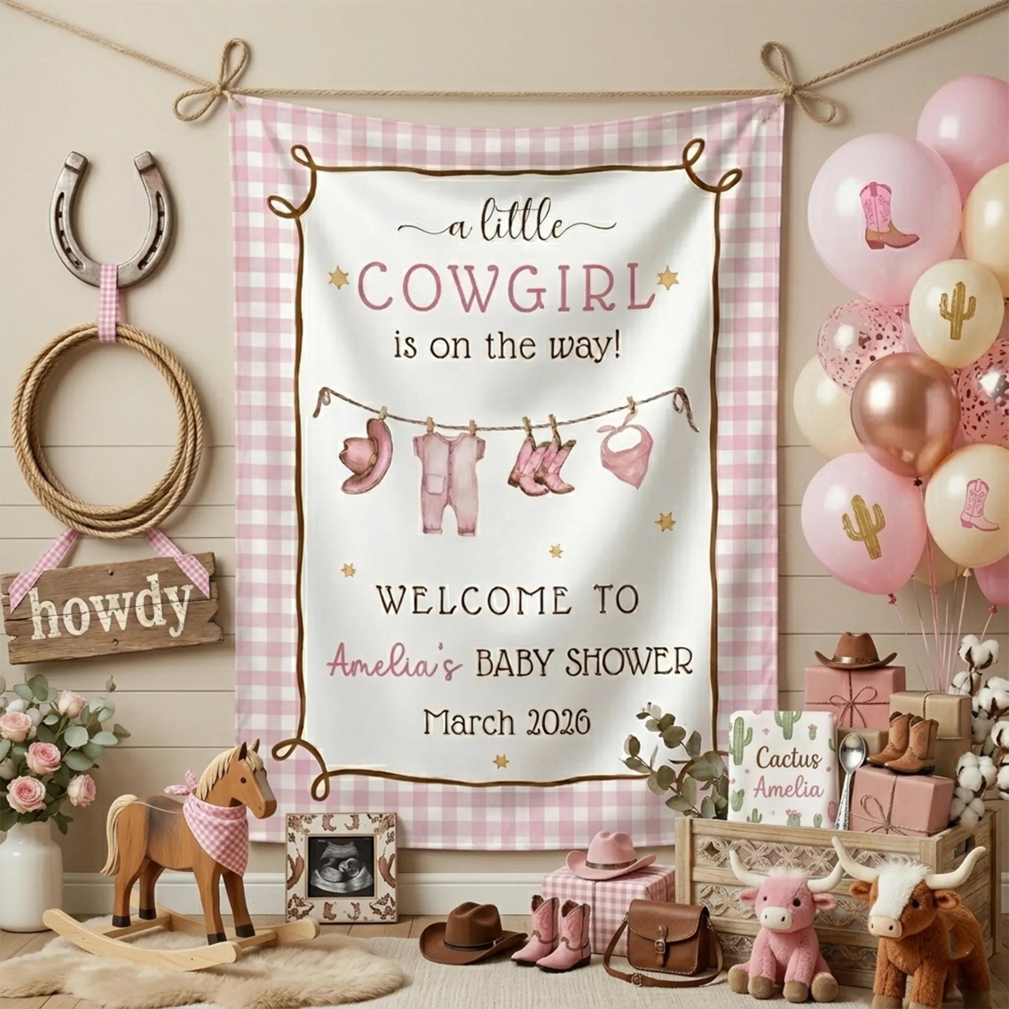 Personalized A Little Cowgirl Is On The Way Baby Shower Banner Pink Gingham Backdrop with Rope Frame Custom Name and Date Decor