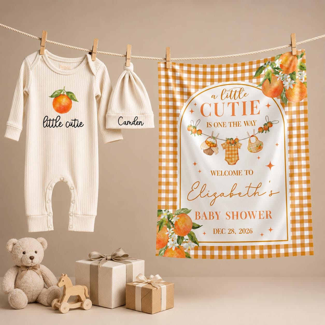 Personalized Little Cutie Baby Shower Silk Sign and Newborn Bodysuit Set with Custom Name Hat Modern Citrus Theme Gift for Baby Girl Boy