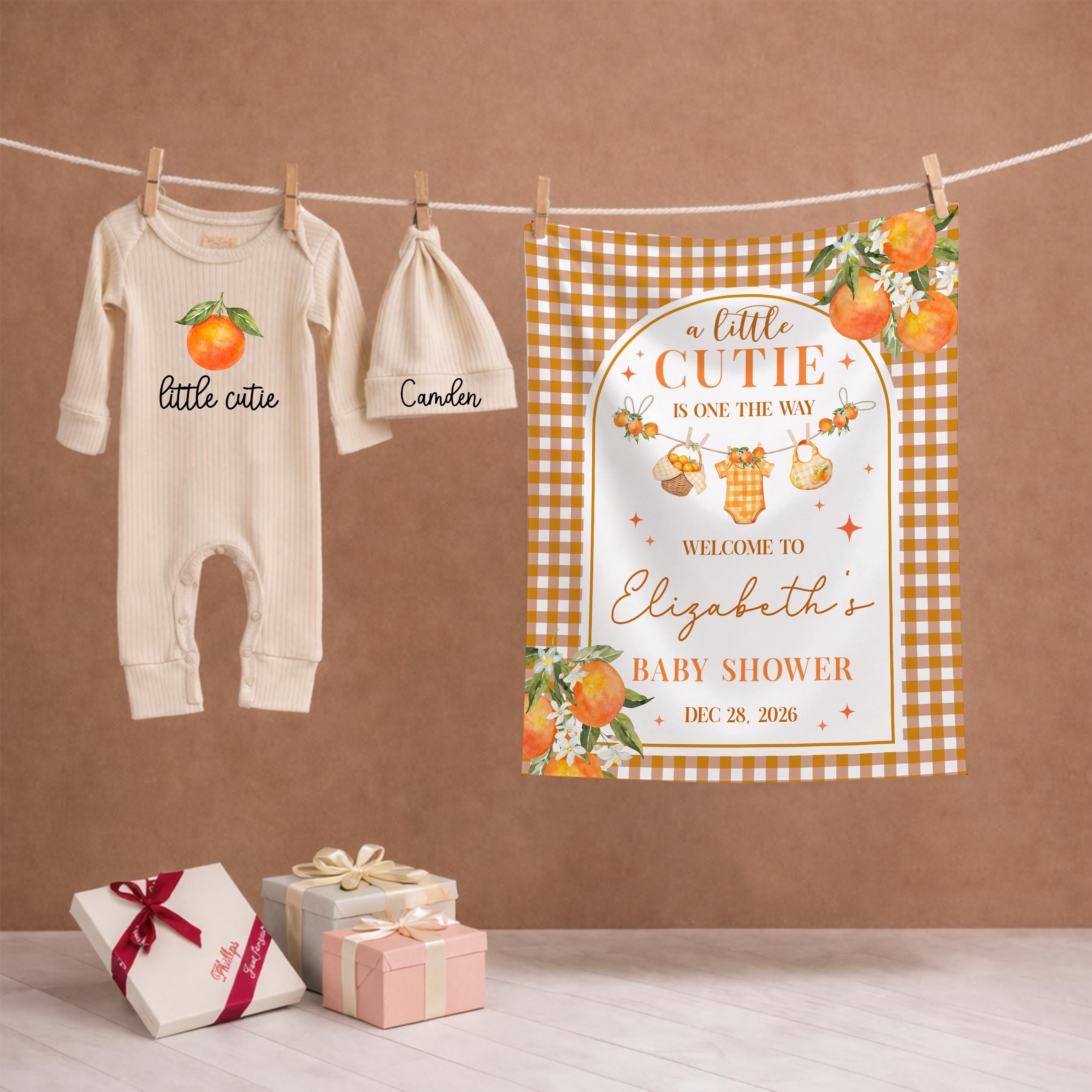 Personalized Little Cutie Baby Shower Silk Sign and Newborn Bodysuit Set with Custom Name Hat Modern Citrus Theme Gift for Baby Girl Boy