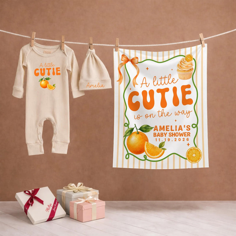 Personalized A Little Cutie Baby Shower Welcome Sign Custom Citrus Orange Design Bodysuit with Name Whimsical Stars and Leaves Gift