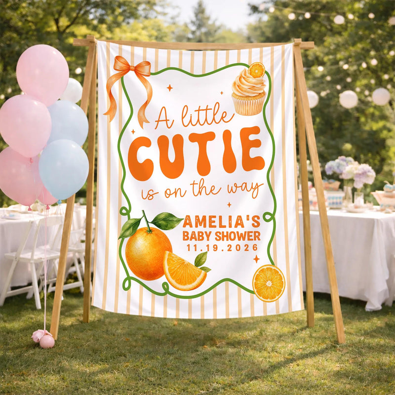 Personalized A Little Cutie Baby Shower Welcome Sign Custom Citrus Orange Design Bodysuit with Name Whimsical Stars and Leaves Gift