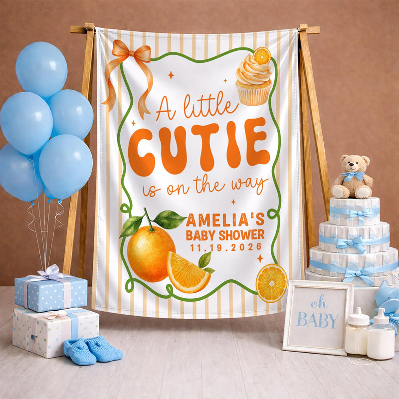 Personalized A Little Cutie Baby Shower Welcome Sign Custom Citrus Orange Design Bodysuit with Name Whimsical Stars and Leaves Gift
