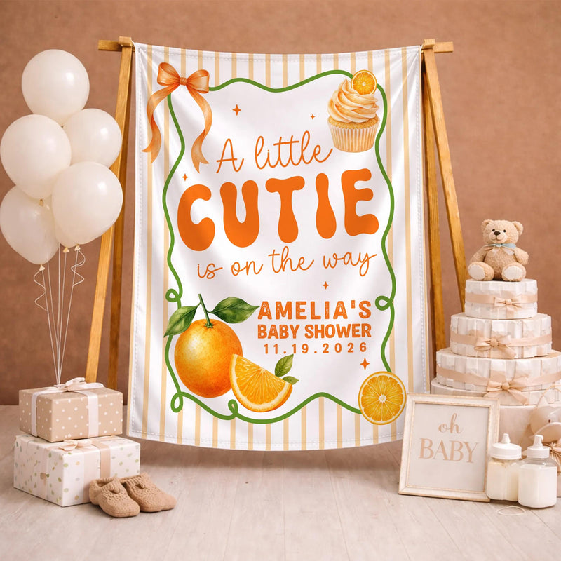 Personalized A Little Cutie Baby Shower Welcome Sign Custom Citrus Orange Design Bodysuit with Name Whimsical Stars and Leaves Gift