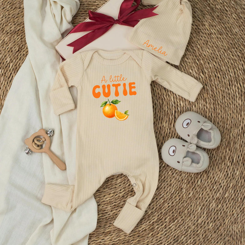 Personalized A Little Cutie Baby Shower Welcome Sign Custom Citrus Orange Design Bodysuit with Name Whimsical Stars and Leaves Gift