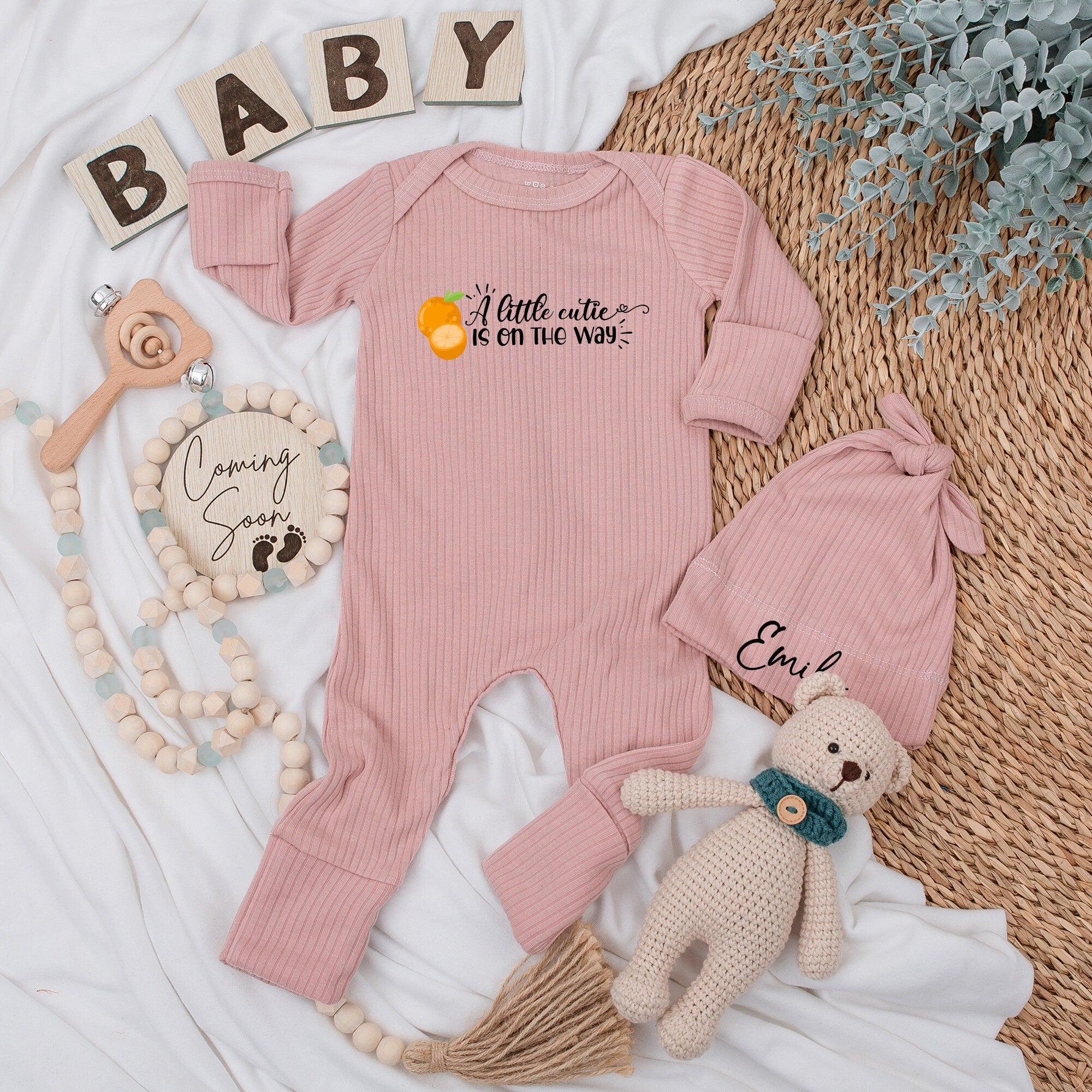 Personalized Little Cutie Bodysuit and Hat Set for Baby Girl Newborn Outfit with Cute Orange Lemon Fruits Custom Name Going Home Gift