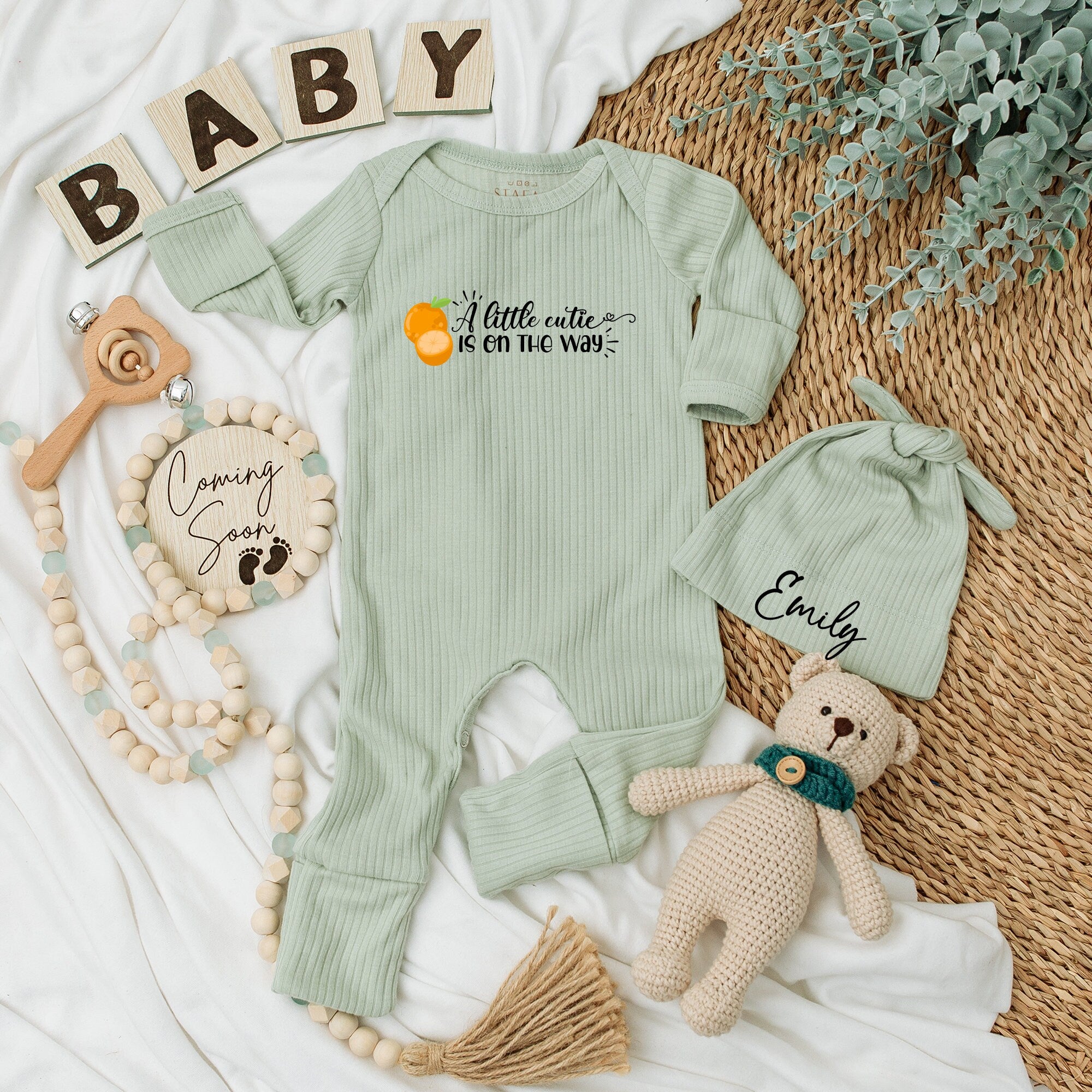 Personalized Little Cutie Bodysuit and Hat Set for Baby Girl Newborn Outfit with Cute Orange Lemon Fruits Custom Name Going Home Gift