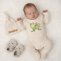 Personalized Little Dino Baby Bodysuit and Hat Set with Custom Name, Soft Cotton Newborn Outfit, Cute Dinosaur Infant Gift for Baby Shower