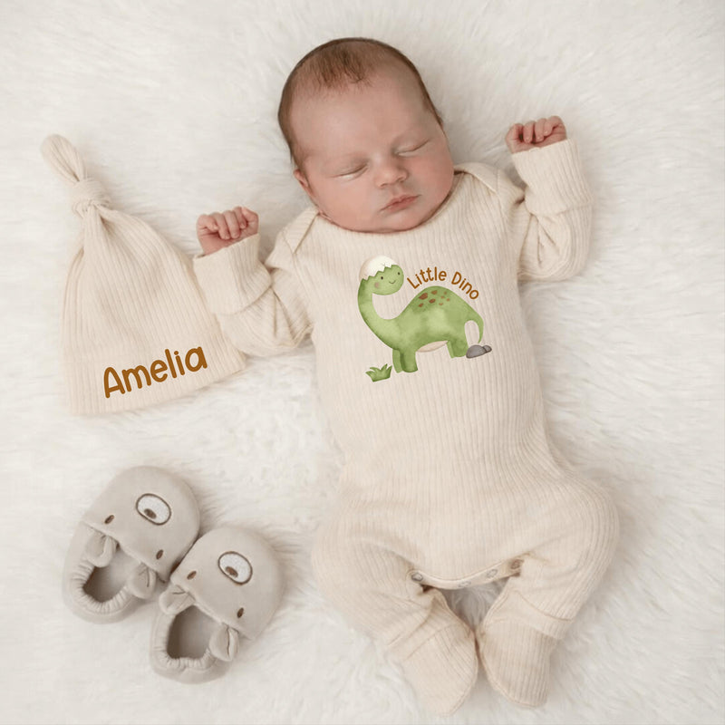 Personalized Little Dino Baby Bodysuit and Hat Set with Custom Name, Soft Cotton Newborn Outfit, Cute Dinosaur Infant Gift for Baby Shower
