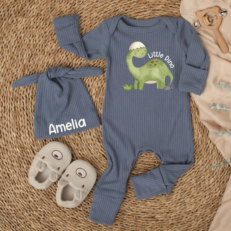 Personalized Little Dino Baby Bodysuit and Hat Set with Custom Name, Soft Cotton Newborn Outfit, Cute Dinosaur Infant Gift for Baby Shower