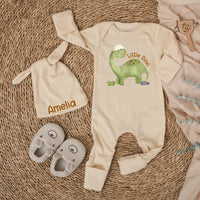 Personalized Little Dino Baby Bodysuit and Hat Set with Custom Name, Soft Cotton Newborn Outfit, Cute Dinosaur Infant Gift for Baby Shower