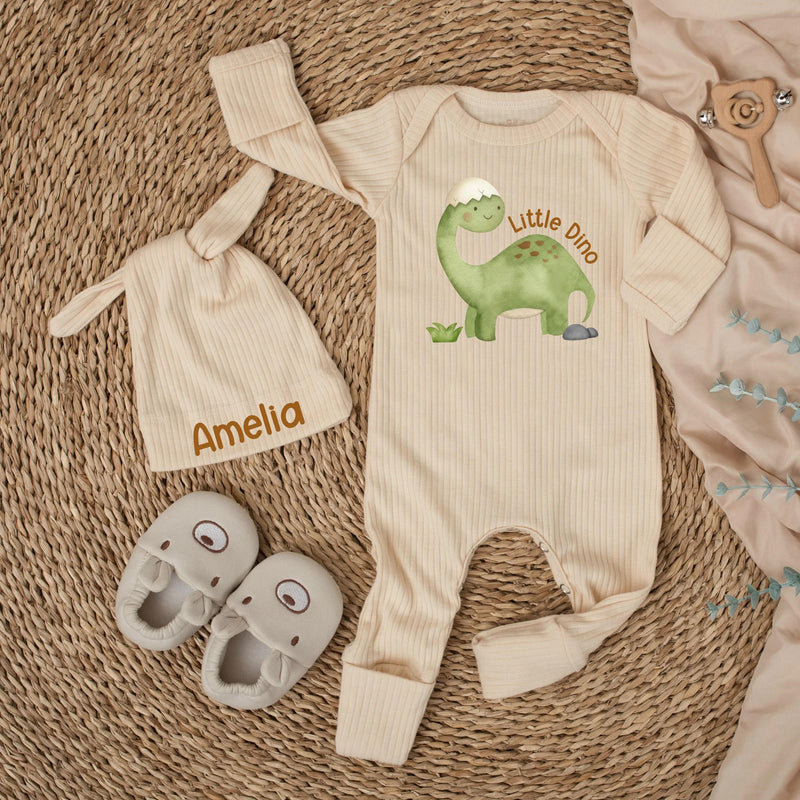 Personalized Little Dino Baby Bodysuit and Hat Set with Custom Name, Soft Cotton Newborn Outfit, Cute Dinosaur Infant Gift for Baby Shower