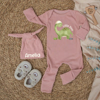 Personalized Little Dino Baby Bodysuit and Hat Set with Custom Name, Soft Cotton Newborn Outfit, Cute Dinosaur Infant Gift for Baby Shower