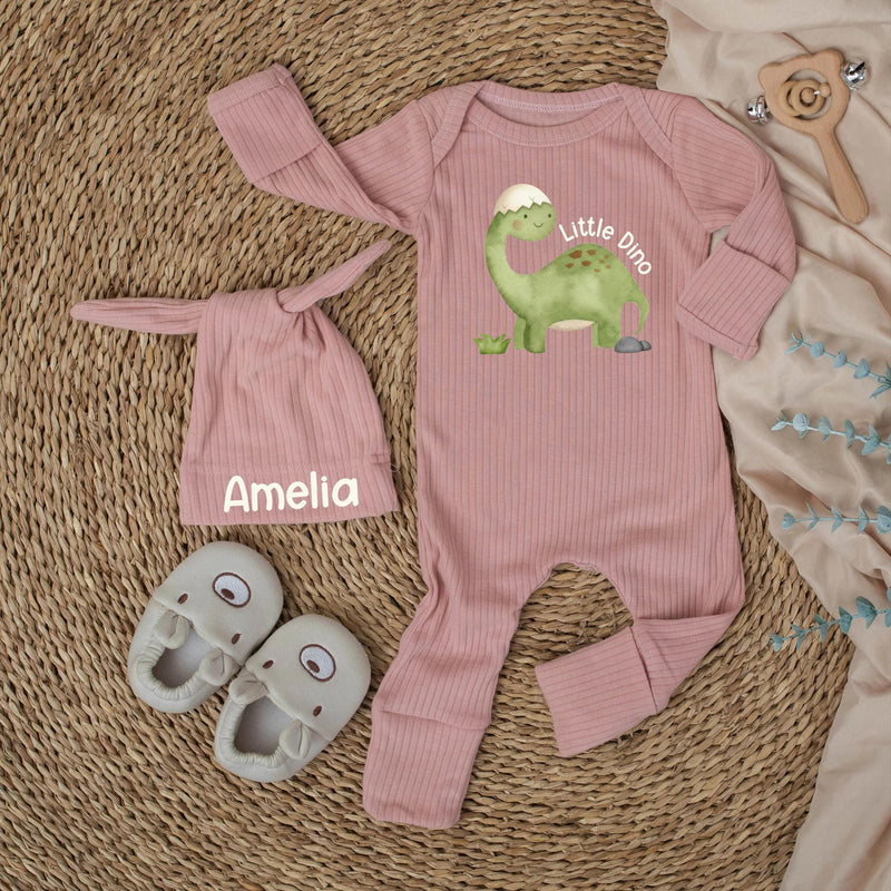 Personalized Little Dino Baby Bodysuit and Hat Set with Custom Name, Soft Cotton Newborn Outfit, Cute Dinosaur Infant Gift for Baby Shower