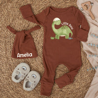 Personalized Little Dino Baby Bodysuit and Hat Set with Custom Name, Soft Cotton Newborn Outfit, Cute Dinosaur Infant Gift for Baby Shower