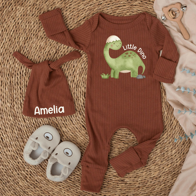 Personalized Little Dino Baby Bodysuit and Hat Set with Custom Name, Soft Cotton Newborn Outfit, Cute Dinosaur Infant Gift for Baby Shower