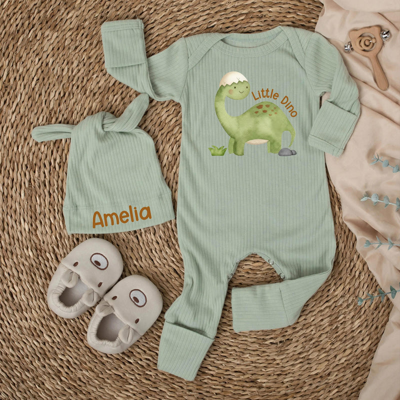Personalized Little Dino Baby Bodysuit and Hat Set with Custom Name, Soft Cotton Newborn Outfit, Cute Dinosaur Infant Gift for Baby Shower