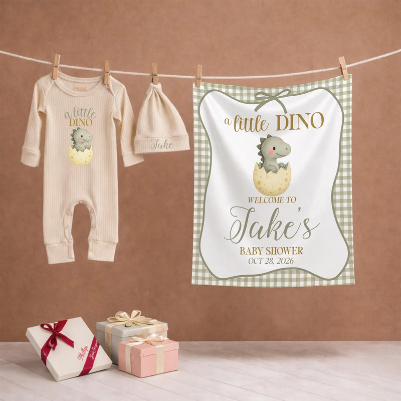 Personalized A Little Dino Baby Shower Welcome Sign with Green Gingham Dinosaur Design, Custom Name Romper and Hat Gift Set