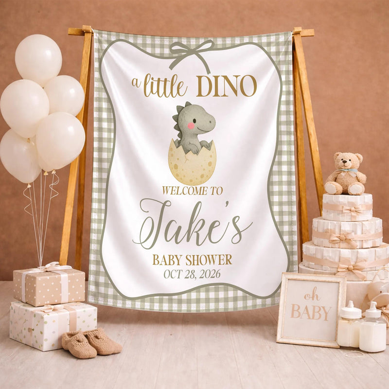 Personalized A Little Dino Baby Shower Welcome Sign with Green Gingham Dinosaur Design, Custom Name Romper and Hat Gift Set