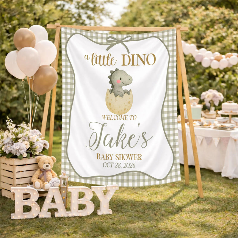 Personalized A Little Dino Baby Shower Welcome Sign with Green Gingham Dinosaur Design, Custom Name Romper and Hat Gift Set