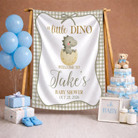 Personalized A Little Dino Baby Shower Welcome Sign with Green Gingham Dinosaur Design, Custom Name Romper and Hat Gift Set
