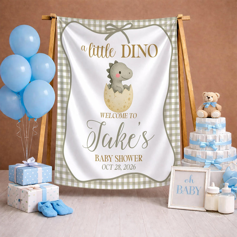 Personalized A Little Dino Baby Shower Welcome Sign with Green Gingham Dinosaur Design, Custom Name Romper and Hat Gift Set