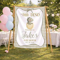 Personalized A Little Dino Baby Shower Welcome Sign with Green Gingham Dinosaur Design, Custom Name Romper and Hat Gift Set