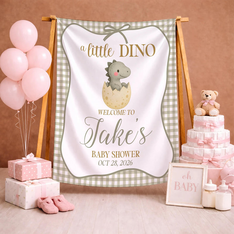 Personalized A Little Dino Baby Shower Welcome Sign with Green Gingham Dinosaur Design, Custom Name Romper and Hat Gift Set