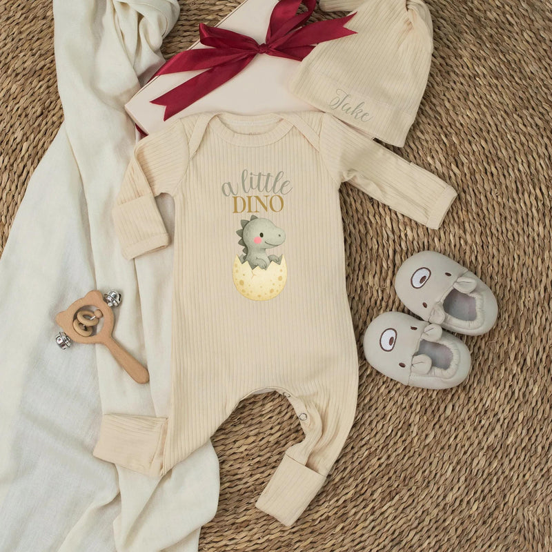 Personalized A Little Dino Baby Shower Welcome Sign with Green Gingham Dinosaur Design, Custom Name Romper and Hat Gift Set