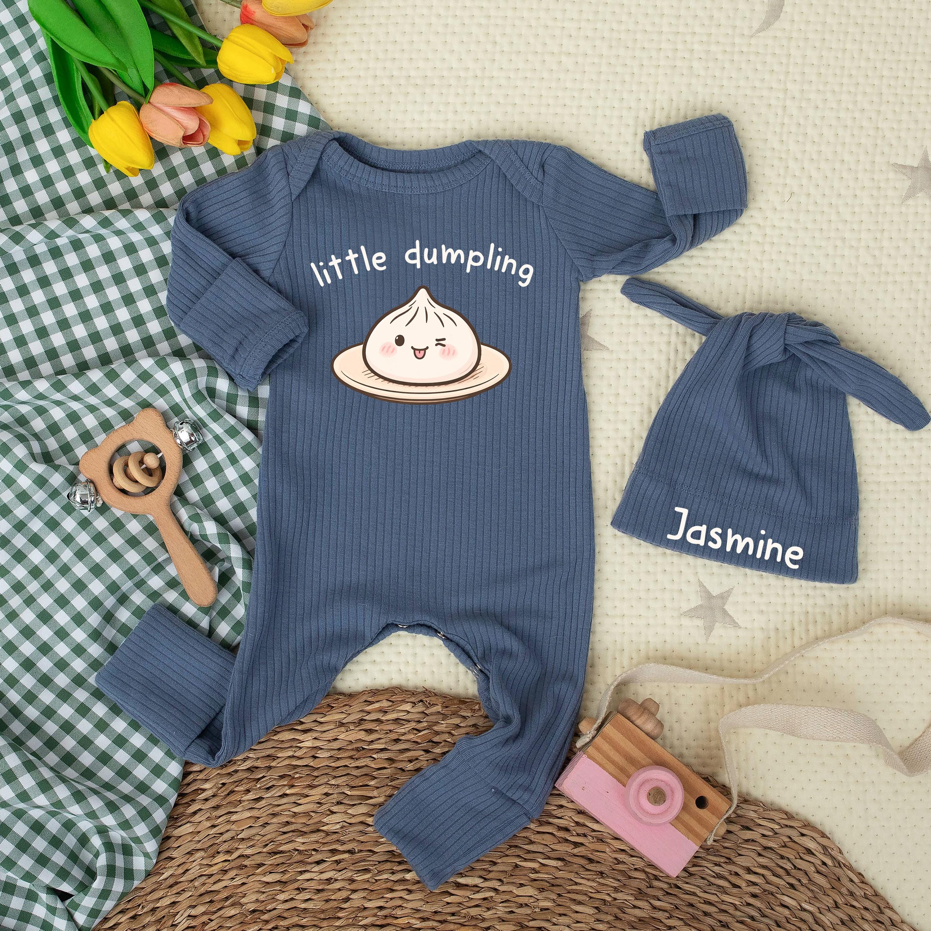 Personalized Little Dumpling Baby Bodysuit with Cute Cartoon Design Soft Cotton Romper Asian Food Theme Newborn Coming Home Gift