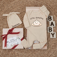 Personalized Little Dumpling Baby Bodysuit with Cute Cartoon Design Soft Cotton Romper Asian Food Theme Newborn Coming Home Gift