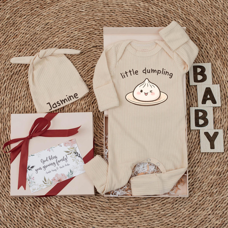 Personalized Little Dumpling Baby Bodysuit with Cute Cartoon Design Soft Cotton Romper Asian Food Theme Newborn Coming Home Gift