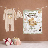 Personalized Little Dumpling Baby Shower Bundle with Custom Silk Welcome Sign and Matching Baby Bodysuit Neutral Sage Green Decor