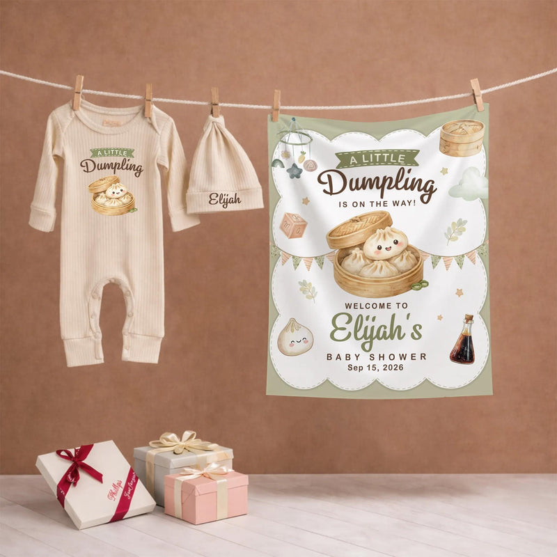 Personalized Little Dumpling Baby Shower Bundle with Custom Silk Welcome Sign and Matching Baby Bodysuit Neutral Sage Green Decor