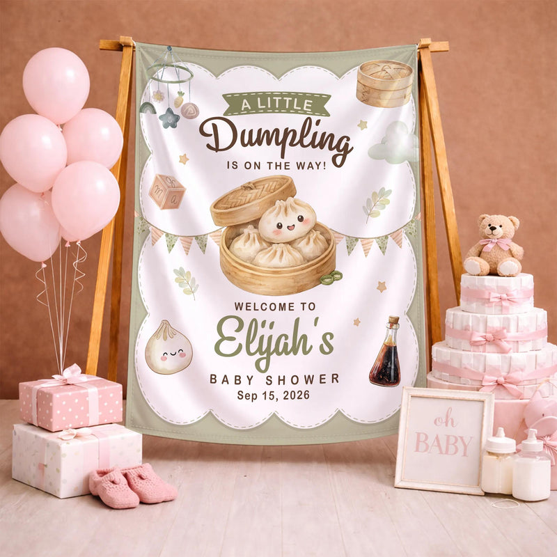 Personalized Little Dumpling Baby Shower Bundle with Custom Silk Welcome Sign and Matching Baby Bodysuit Neutral Sage Green Decor