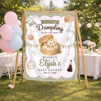 Personalized Little Dumpling Baby Shower Bundle with Custom Silk Welcome Sign and Matching Baby Bodysuit Neutral Sage Green Decor