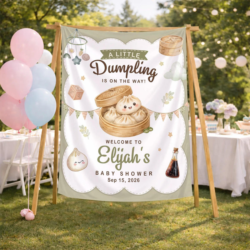 Personalized Little Dumpling Baby Shower Bundle with Custom Silk Welcome Sign and Matching Baby Bodysuit Neutral Sage Green Decor
