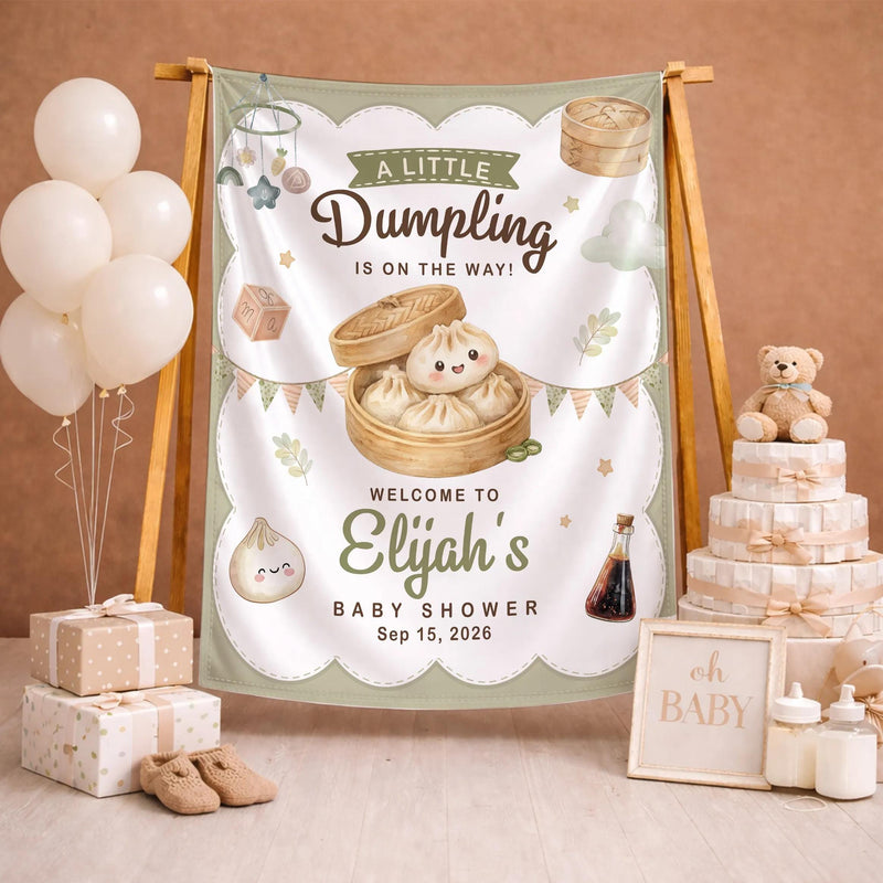Personalized Little Dumpling Baby Shower Bundle with Custom Silk Welcome Sign and Matching Baby Bodysuit Neutral Sage Green Decor