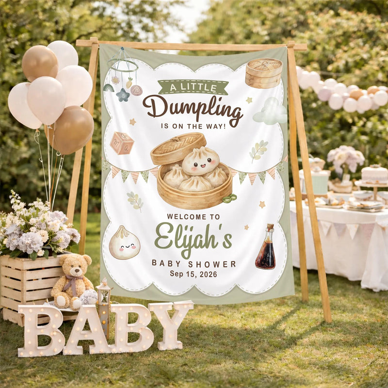 Personalized Little Dumpling Baby Shower Bundle with Custom Silk Welcome Sign and Matching Baby Bodysuit Neutral Sage Green Decor