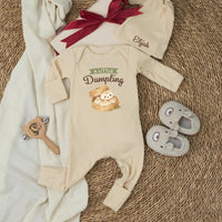 Personalized Little Dumpling Baby Shower Bundle with Custom Silk Welcome Sign and Matching Baby Bodysuit Neutral Sage Green Decor