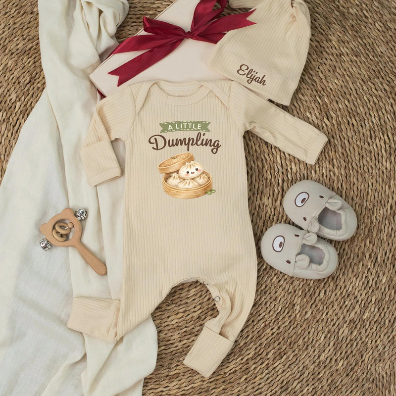 Personalized Little Dumpling Baby Shower Bundle with Custom Silk Welcome Sign and Matching Baby Bodysuit Neutral Sage Green Decor