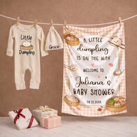 Personalized Little Dumpling Baby Shower Gift Set with Cute Bamboo Steamer Design, Neutral Silk Welcome Sign and Newborn Bodysuit