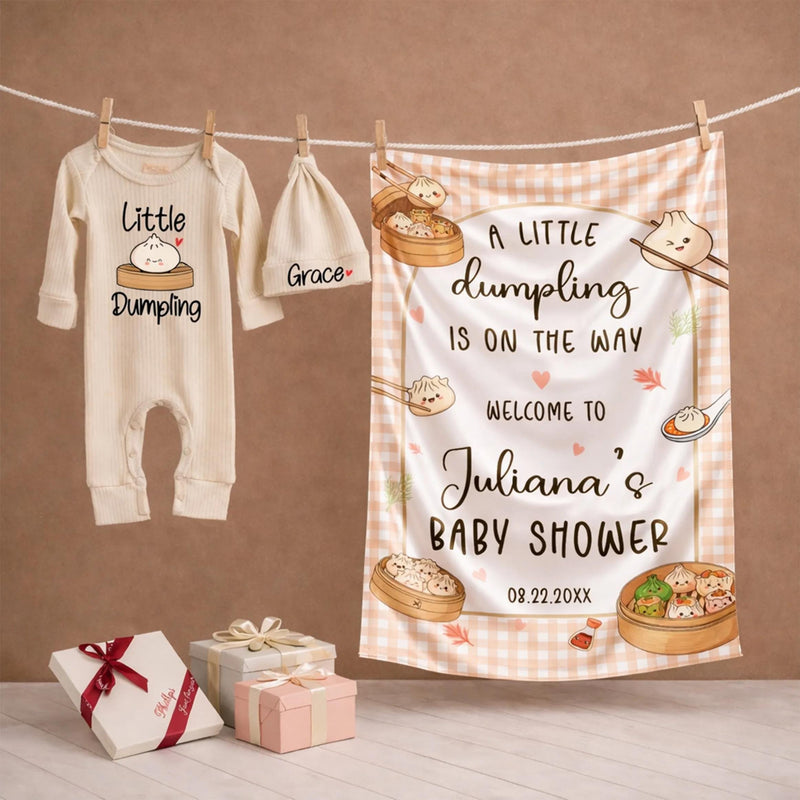 Personalized Little Dumpling Baby Shower Gift Set with Cute Bamboo Steamer Design, Neutral Silk Welcome Sign and Newborn Bodysuit