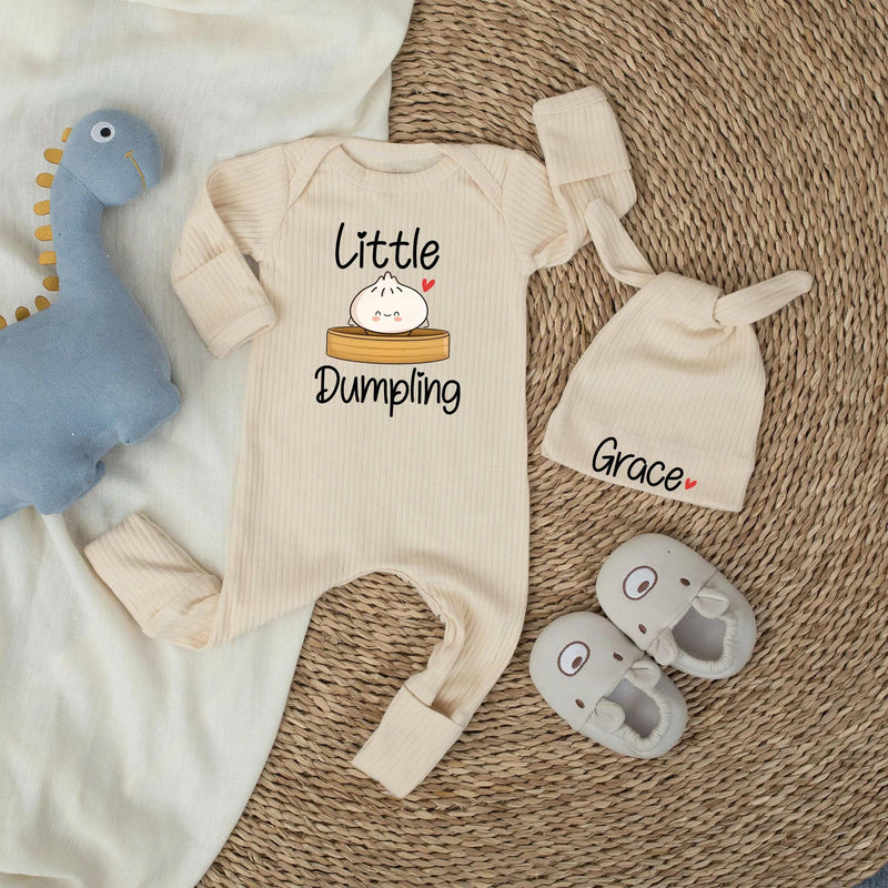 Personalized Little Dumpling Baby Shower Gift Set with Cute Bamboo Steamer Design, Neutral Silk Welcome Sign and Newborn Bodysuit