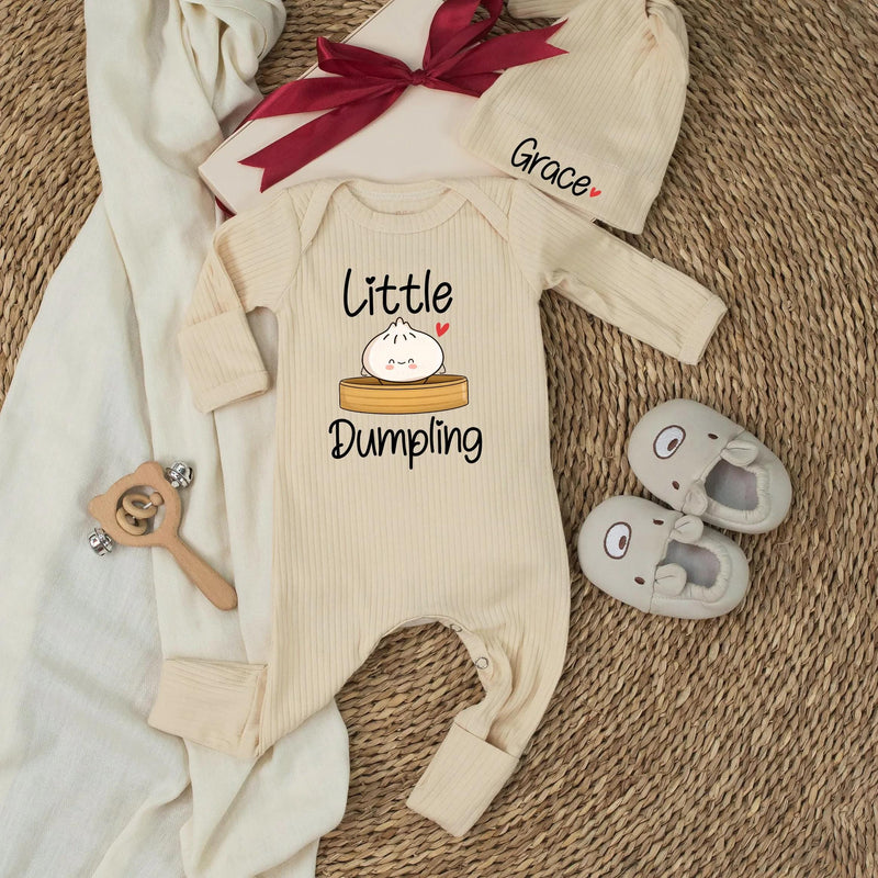 Personalized Little Dumpling Baby Shower Gift Set with Cute Bamboo Steamer Design, Neutral Silk Welcome Sign and Newborn Bodysuit