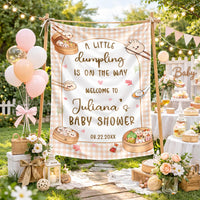 Personalized Little Dumpling Baby Shower Gift Set with Cute Bamboo Steamer Design, Neutral Silk Welcome Sign and Newborn Bodysuit