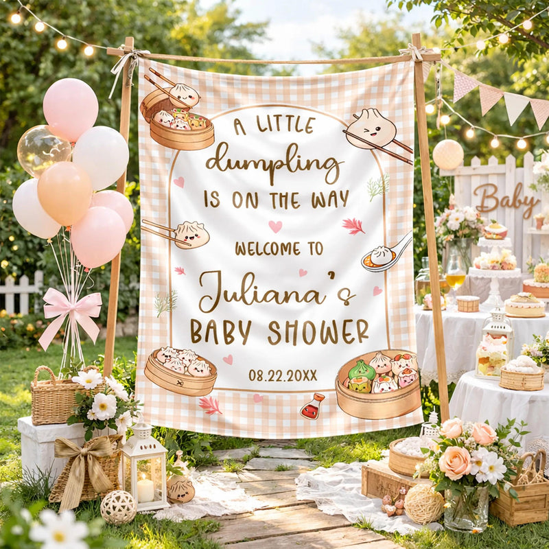 Personalized Little Dumpling Baby Shower Gift Set with Cute Bamboo Steamer Design, Neutral Silk Welcome Sign and Newborn Bodysuit
