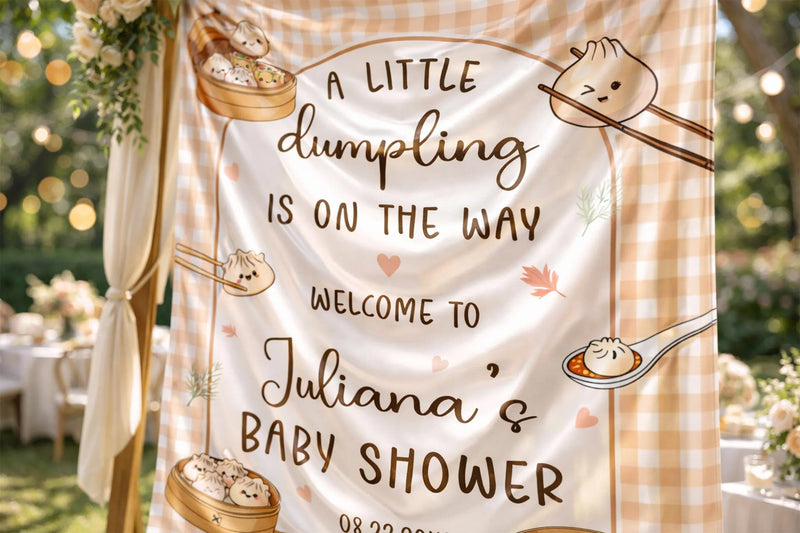 Personalized Little Dumpling Baby Shower Gift Set with Cute Bamboo Steamer Design, Neutral Silk Welcome Sign and Newborn Bodysuit