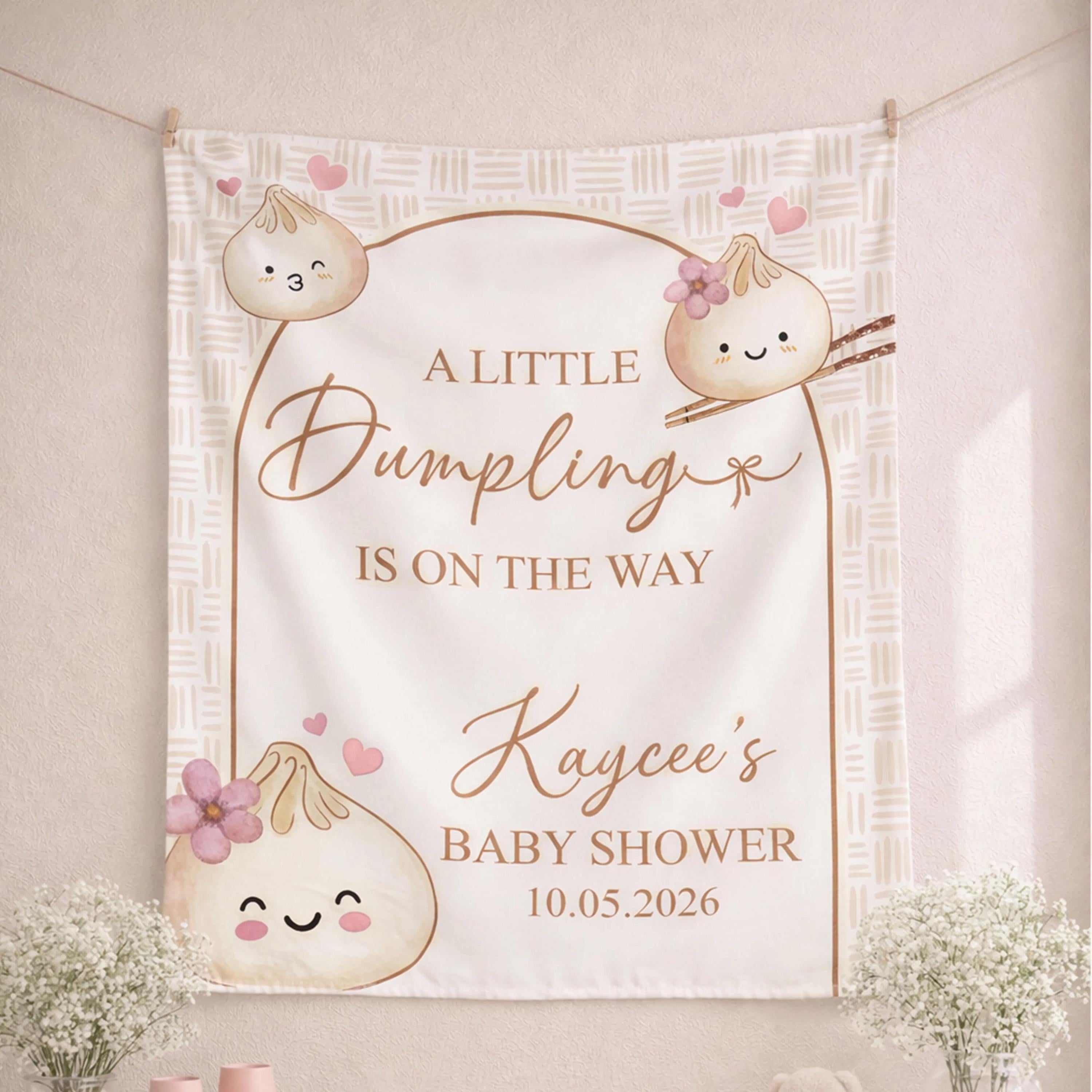 Personalized Little Dumpling Baby Shower Silk Banner Dim Sum Theme Decor Watercolor Design Gender Neutral Party Backdrop Custom Text