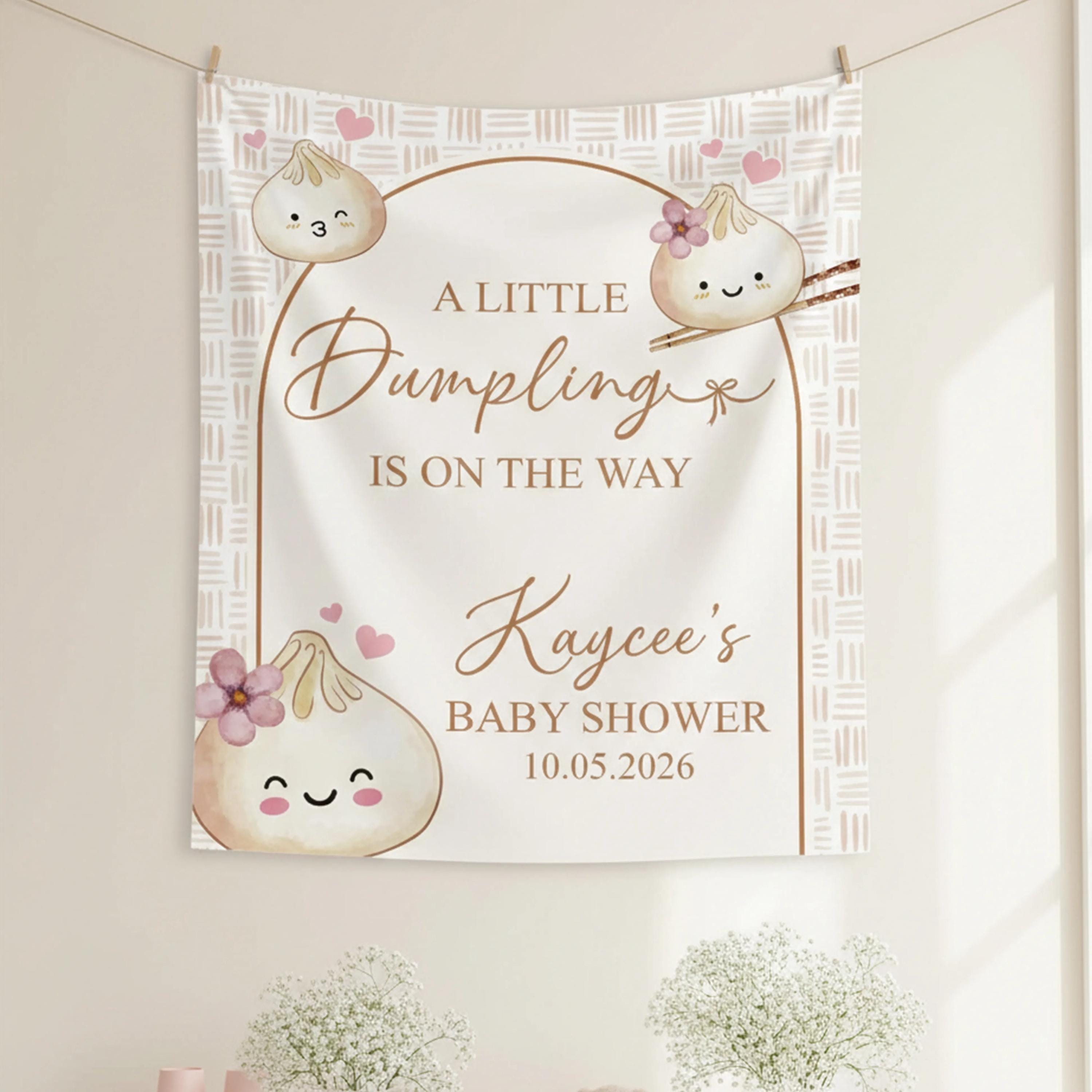 Personalized Little Dumpling Baby Shower Silk Banner Dim Sum Theme Decor Watercolor Design Gender Neutral Party Backdrop Custom Text